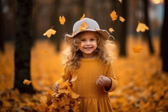 Happy autumn girl on a nature walk outdoors between trees with autumn colored leaves, generative AI.