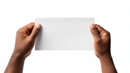 Hands holding blank paper isolated on white background. Generative AI.