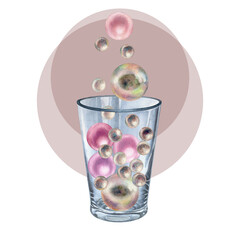 Watercolor hand drawn illustration of a glass vase and rose, white, beige pearls. Elements isolated on white background.