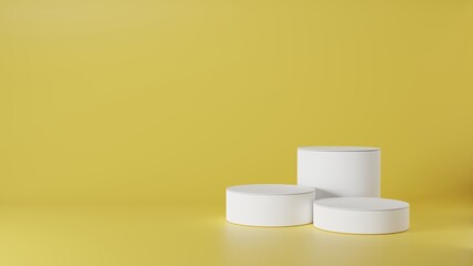 Empty podium or pedestal display on yellow background with cylinder stand concept. Blank product shelf standing backdrop. 3D rendering.