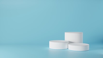 Empty podium or pedestal display on blue background with cylinder stand concept. Blank product shelf standing backdrop. 3D rendering.