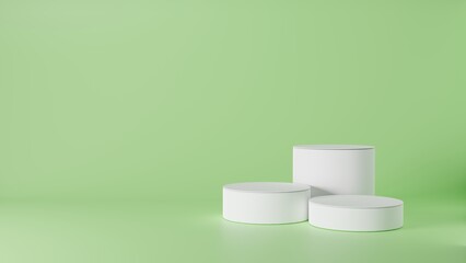Empty podium or pedestal display on green background with cylinder stand concept. Blank product shelf standing backdrop. 3D rendering.