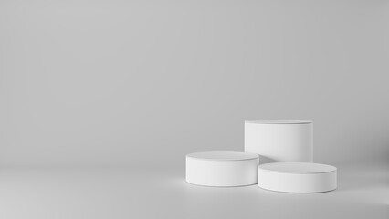 Empty podium or pedestal display on grey background with cylinder stand concept. Blank product shelf standing backdrop. 3D rendering.