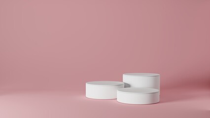 Empty podium or pedestal display on pink background with cylinder stand concept. Blank product shelf standing backdrop. 3D rendering.