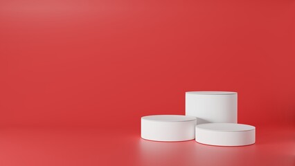 Empty podium or pedestal display on red background with cylinder stand concept. Blank product shelf standing backdrop. 3D rendering.