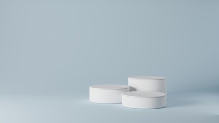 Empty podium or pedestal display on blue background with cylinder stand concept. Blank product shelf standing backdrop. 3D rendering.