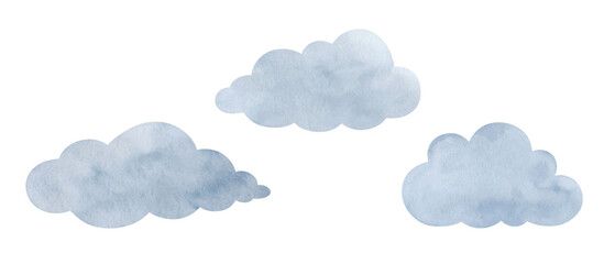 A set of gray, rainy, gloomy clouds isolated on a white background. Hand drawn in watercolor on paper. Element for design and decoration. Cloud, bubble for text, chat.