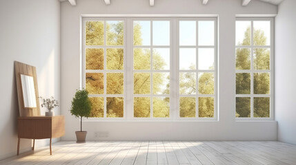 Fototapeta na wymiar White empty room with summer landscape in window. 3D illustration. Generative AI
