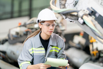 Technology Engineer Working in Factory. Holding check-list and supervising