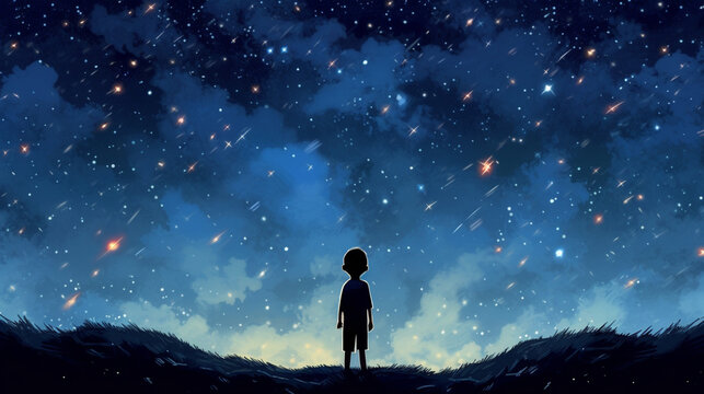 child looks at the night sky