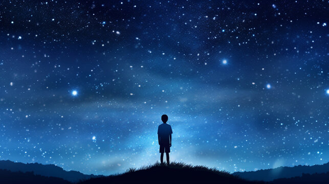 child looks at the night sky