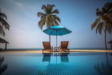 Chair pool and umbrella around swimming pool with coconut palm tree photography