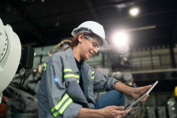 Obraz premium Technology Engineer Working in Factory. Holding check-list and supervising