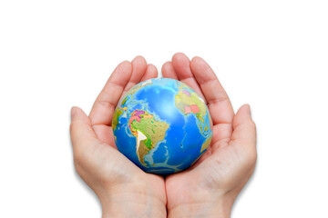 Earth day concept. Save earth. Human hands holding planet earth.