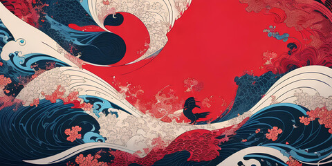 Background beautiful illustration with sea motif and storm waves in red tones in Japanese graphic style with patterns. Generation ai