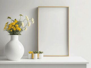 Empty Blank Frame with Golden Border, Yellow Flowers in Trendy Vase on a Table with Wall and decorative things, a template for designer using Generative Ai technologie