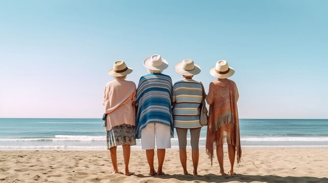 Happy seniors enjoying of retirement with a beach. Generative AI.