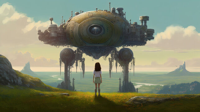 illustration sci-fi fantasy big robot on hill with a woman pilot standing in front of it, Generative Ai