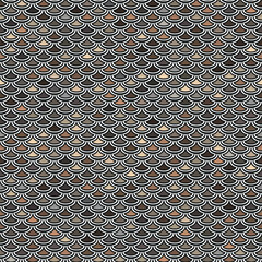 Seamless geometric pattern with small brown multicolored wavy circles on a black background. Abstract reptile skin. Fish scales design. Vector image for fabrics, wrapping, print, and decoration.