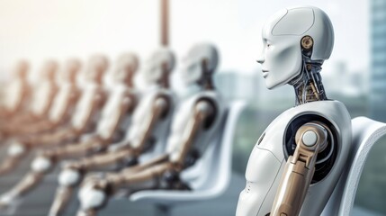 Obraz premium AI robot waiting on chair for a job interview. Generative AI.