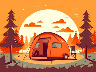Fototapeta na wymiar Camping in forest, rest with tents at sunset. AI