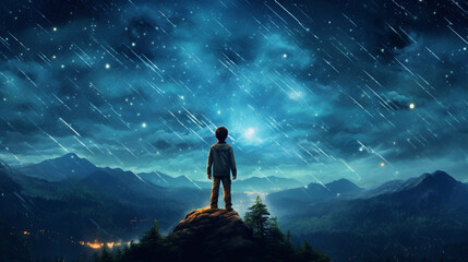 Obraz premium child looks at the night sky