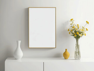 Blank Frame with Golden Border, Flowers in Trendy Vase on a Table with Wall and decorative things, a template for designer using Generative Ai technologie