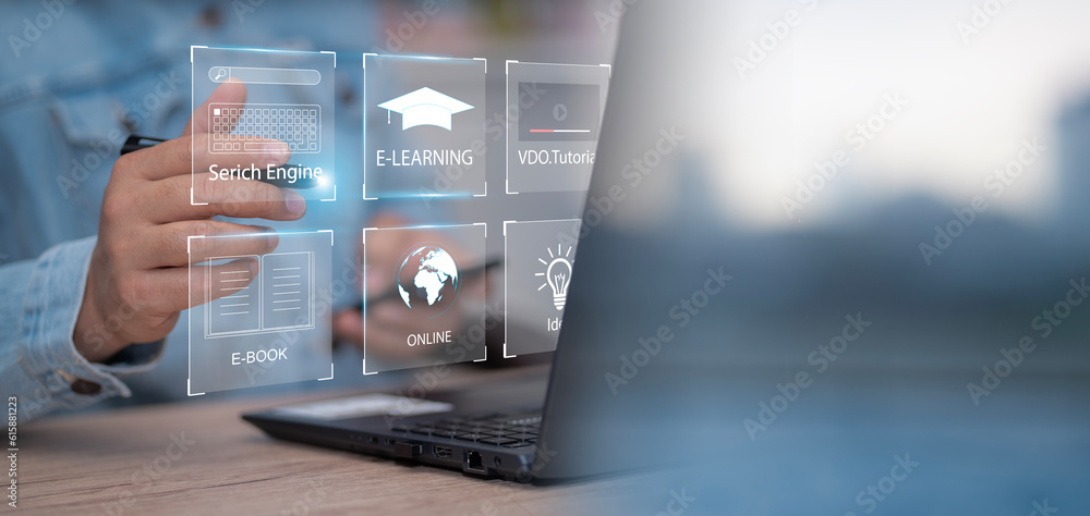 Aufkleber concept of online education. man use online education training and e-learning webinar on internet fo