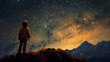 Fototapeta na wymiar child looks at the night sky
