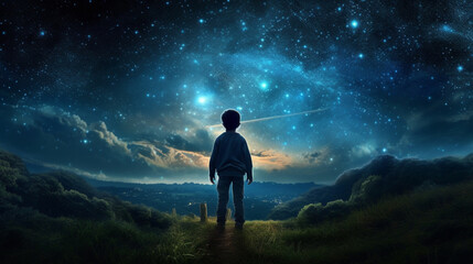 Obraz premium child looks at the night sky