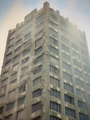 A rotten skyscraper covered in mold, created with AI Generative Technology