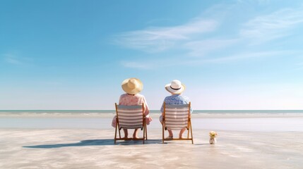Happy seniors enjoying of retirement with a beach. Generative AI.
