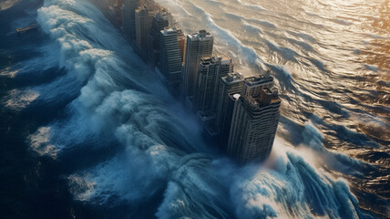 Drone view of a giant wave clashing into the city , created with AI Generative Technology