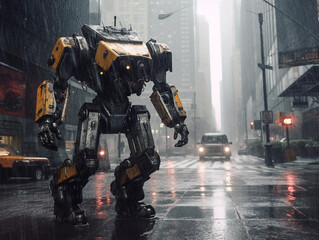 Giant mecha robot walking by the streets, created with AI Generative Technology