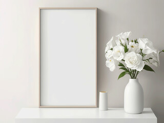 empty frame for template, white flowers in a white trendy vase on a white table, a template for designer, using Generative Ai technologie