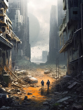 the ruins of a futuristic city, created with AI Generative Technology