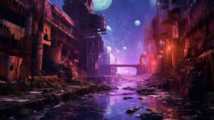 Obraz na płótnie Canvas A post-apocalyptic city, created with AI Generative Technology