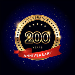 200th anniversary logo with gold numbers and red ribbon, vector template