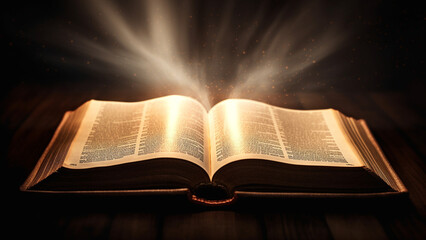 Open book lies on the table and the sun shines from it