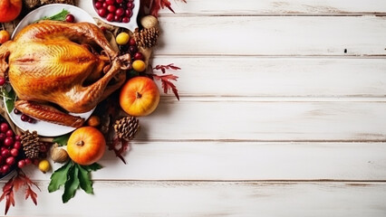 Thanksgiving turkey on a rustic wooden white table - obrazy, fototapety, plakaty