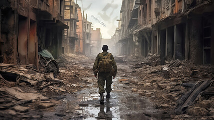 A lone soldier walks through the war-torn city between destroyed buildings. Generative AI