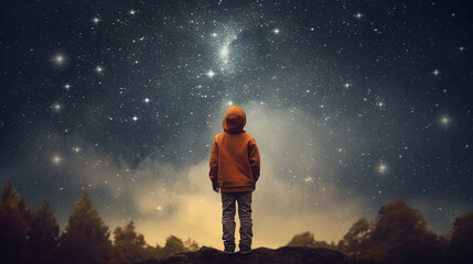 Obraz premium child looks at the night sky