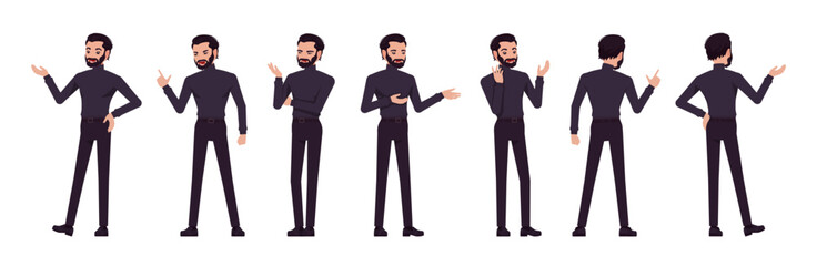 Business consultant professional male set, handsome latino man different talk, speech poses. Office worker, manager in black turtleneck. Vector flat style cartoon character isolated, white background