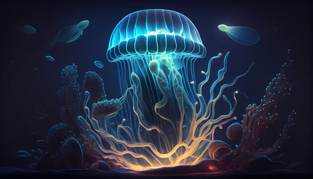 Bioluminescence. Blue, teal glowing jellyfish and underwater ocean marine life, algae. Light in the dark background landscape Ai generated image