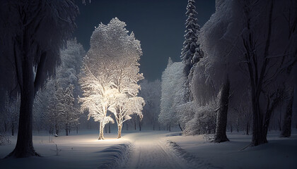  Snow covered winter wonderland and home. Icy snowflakes and Christmas lights. Wintery trees and snowy paths. Holiday background Ai generated image