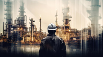 Fototapeta na wymiar Double exposure of Engineer with oil refinery industry plant background. Generative AI