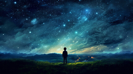 child looks at the night sky