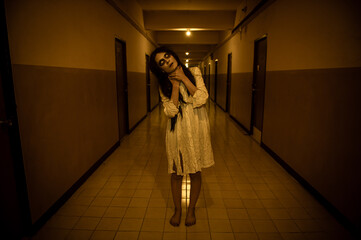 Portrait of asian woman make up ghost,Scary horror scene for background,Halloween festival...