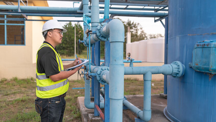 Environmental engineers work at wastewater treatment plants,Male plumber technician working at...