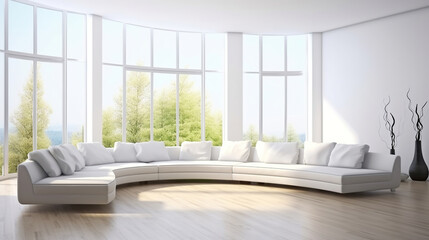 Fototapeta na wymiar Embracing White Modern Interior with Panoramic Windows and a Cozy Corner Sofa. Generative AI